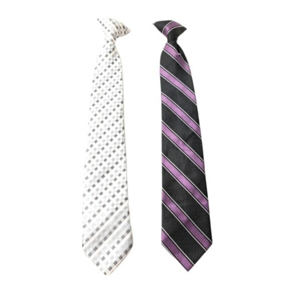 LOT OF 2 Boys Clip Tie Purple, Black, Stripes & Silver, Black, & Gray